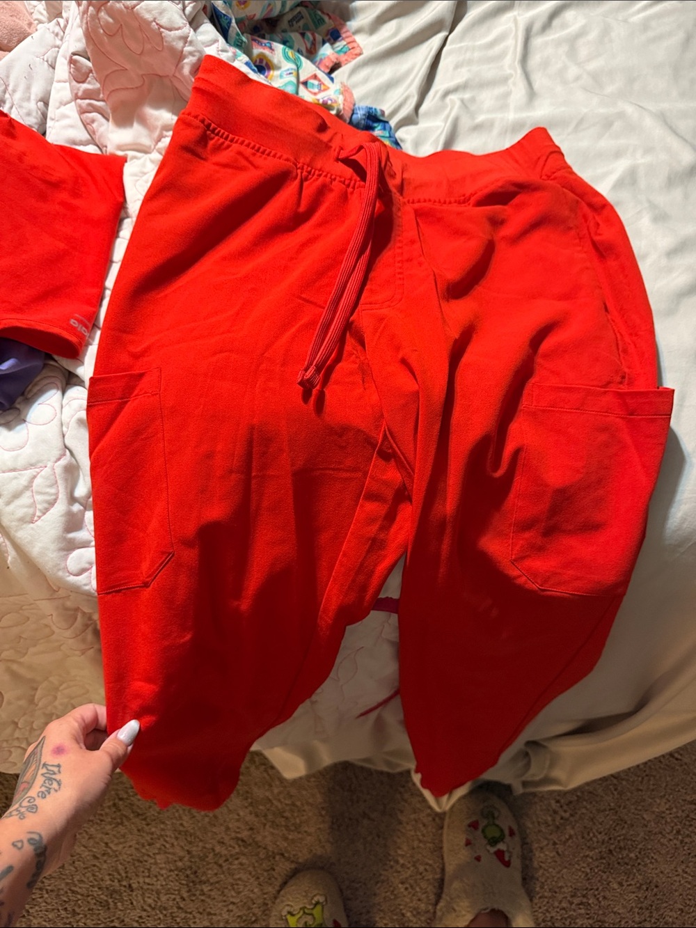 Bright reddish orange mandala scrub set md top small petite bottom